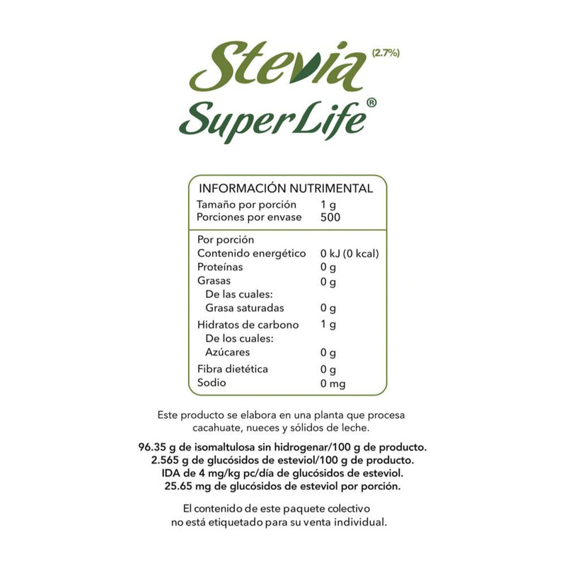 Endulzante Super Life Stevia Sin Calorías 500 sobres de 1 g