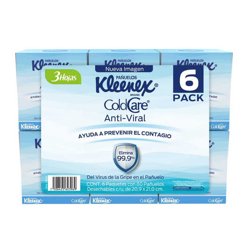 Pañuelo Facial Kleenex Antiviral 6 Paquetes con 80 pzas c/u