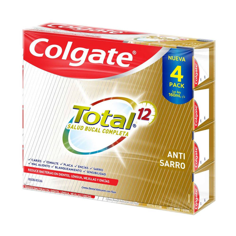 Crema Dental Colgate Total 12 Anti-Sarro 4 pzas de 160 ml c/u