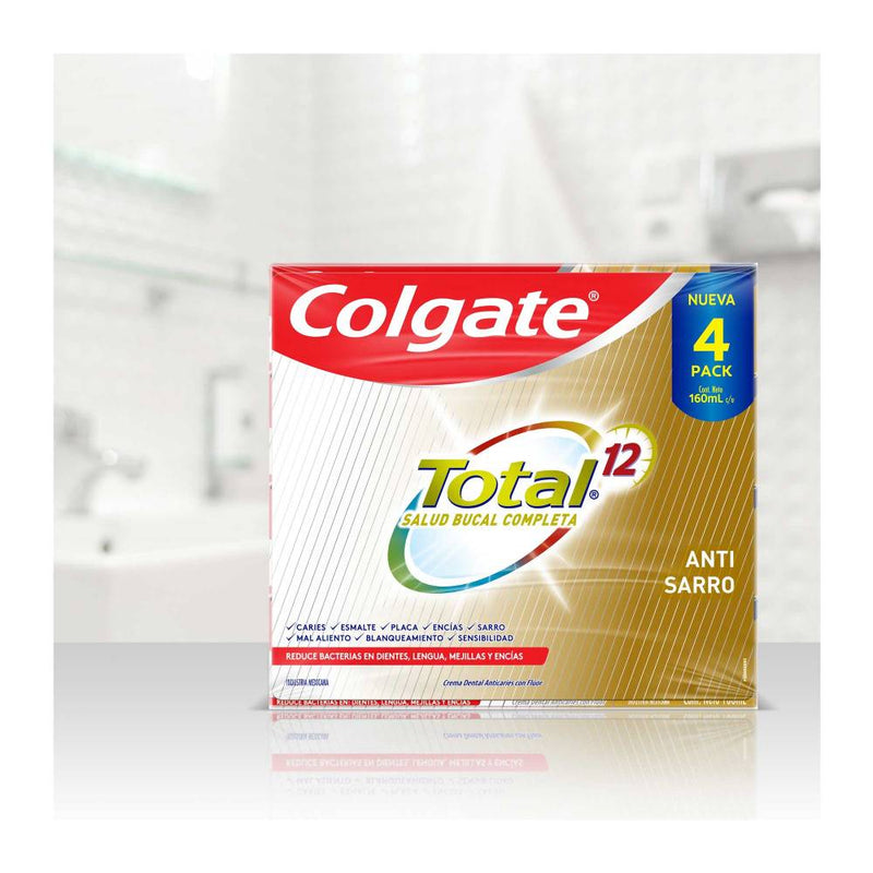 Crema Dental Colgate Total 12 Anti-Sarro 4 pzas de 160 ml c/u